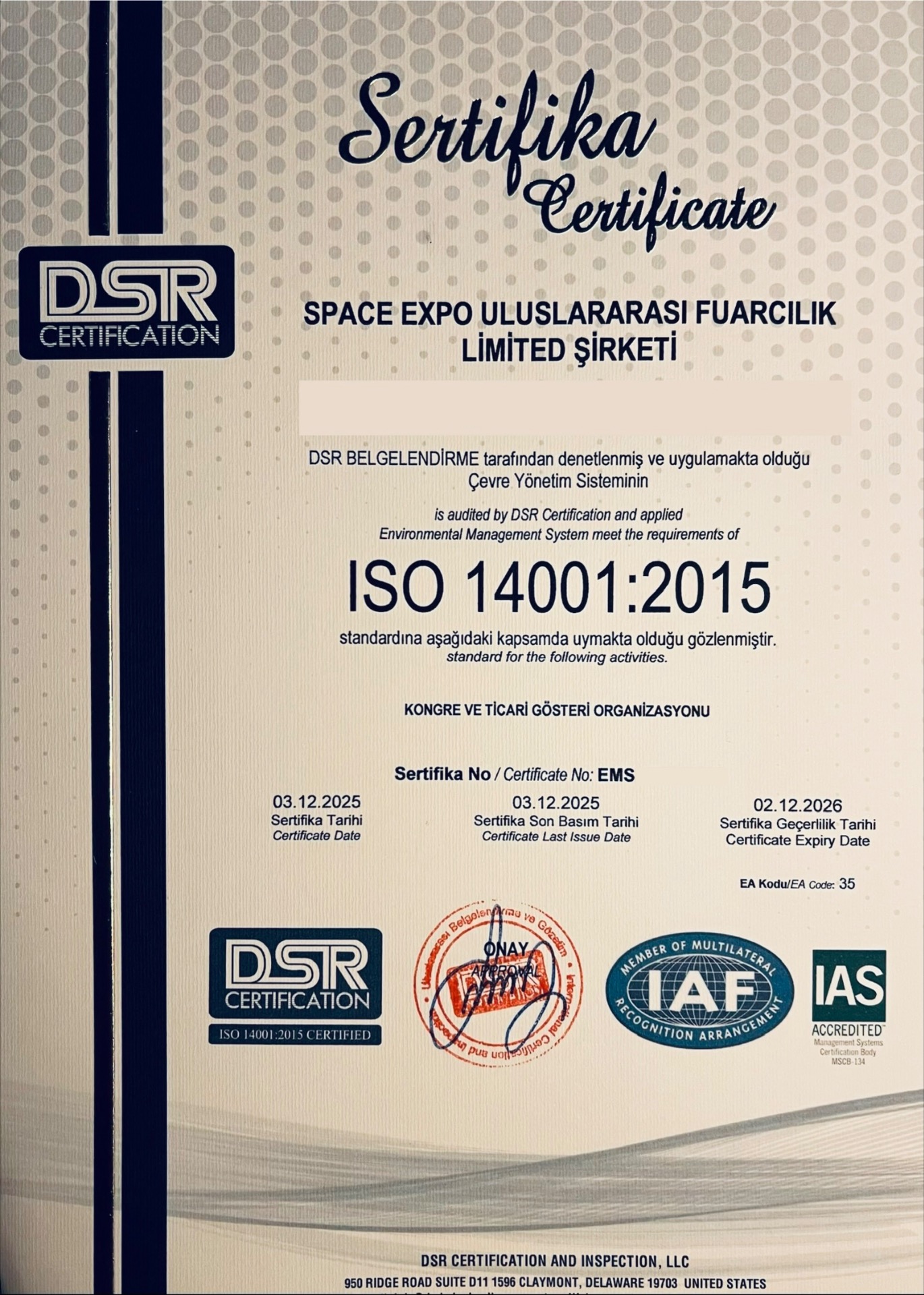 ISO 14001:2015 Çevre Yönetim Sistemi Belgesi